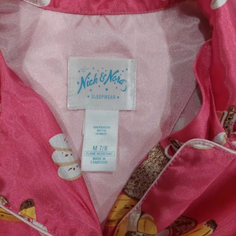 NICK & NORA Girl's PInk Sock Monkey Satin Pajama Size Medium (7-8) EUC